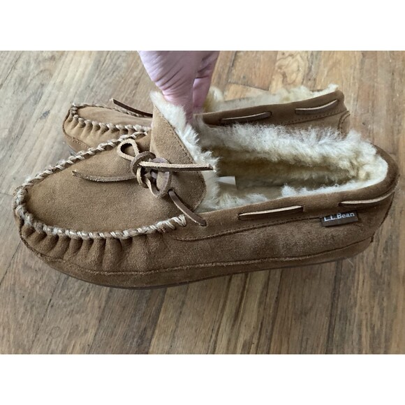 L.L.Bean Wicked Good Slippers Moccasins Men’s 9 WIDE Suede Tan Comfort Lounge - Picture 5 of 9